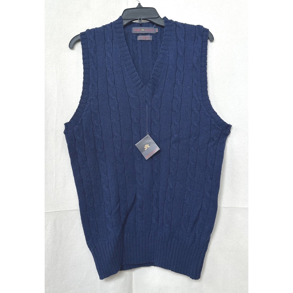 NOS John Weitz Preppy Fisherman Mens XL Navy Knit Shetland Wool Blend Vest Vtg